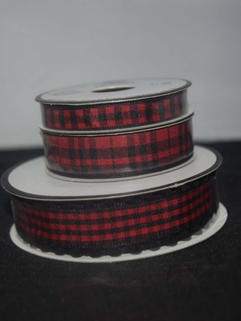 3-Spool Red & Black Buffalo Plaid Wired Ribbon Lot - Farmhouse Rustic